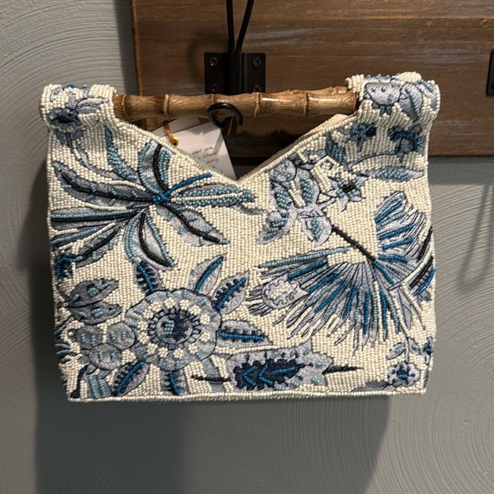 MADE IN INDIA Viral Blue Floral Beaded Bamboo Handle Clutch